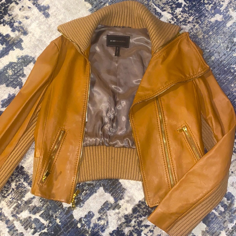 BCBG tan leather moto jacket in size large!